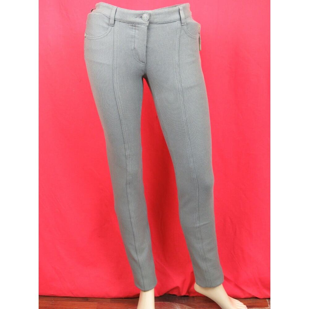 NWT CHANEL P45450 GRAY KNIT WEIVED COTTON BUTTONS LOGO JEANS PANTS 34-F ITALY